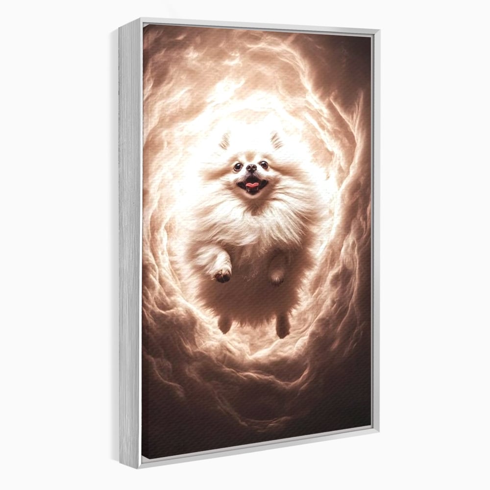 Tablou canvas cu tablou canvas cu caine pomeranian pufos, in rama de aluminiu argintiu